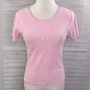 Pink Floral T-Shirt with Beaded Crochet Neckline & Scalloped Hem-Medium